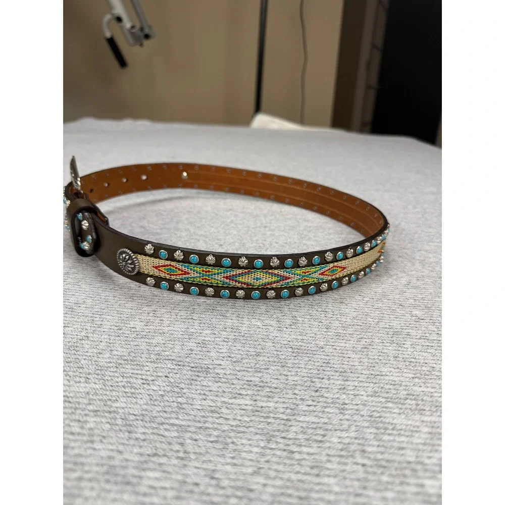 Nocona Belt Co Brown Leather Turquoise Studded Western Belt Size 28‎ N4435244